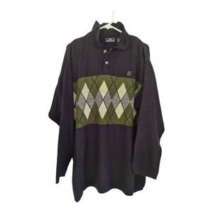 Vintage Givenchy Activewear Argyle Knit Rugby Sweater Men's Large Black Green
